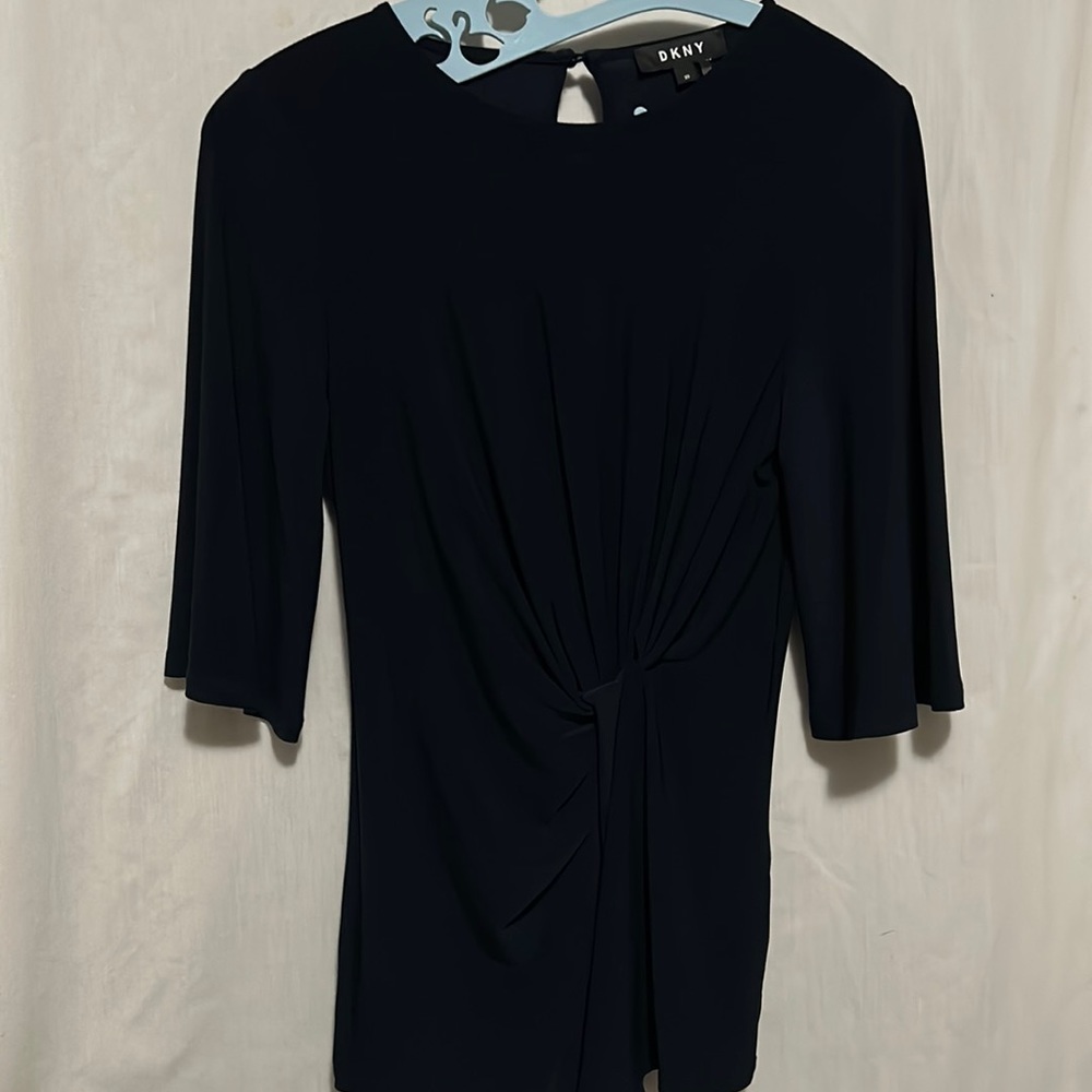 Dkny Navy Blue 3/4 Flutter Sleeve Side Gathered Top - XS
